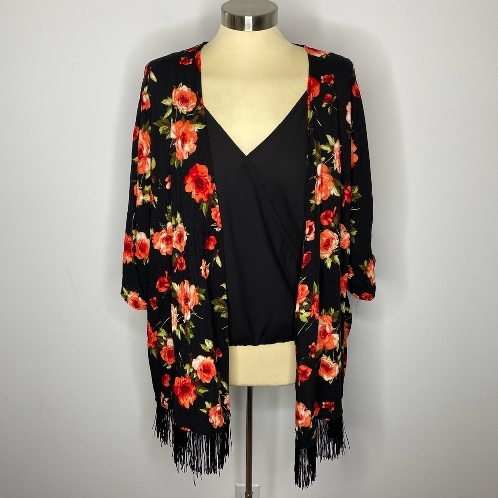French Laundry Red Rose Floral Fringe Kimono Cardigan